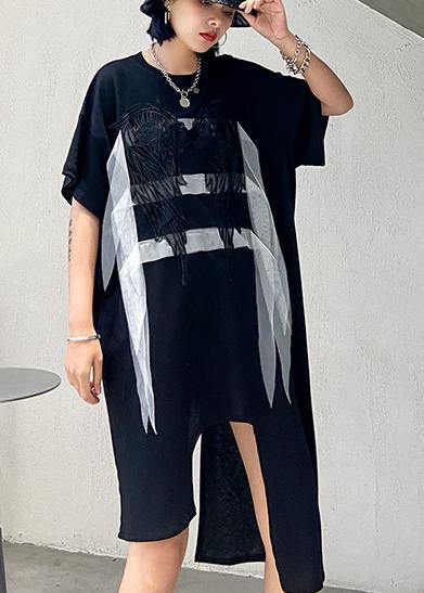 Simple Black Quilting Clothes O Neck Asymmetric Art Summer Dresses