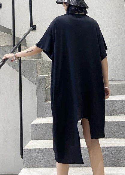 Simple Black Quilting Clothes O Neck Asymmetric Art Summer Dresses
