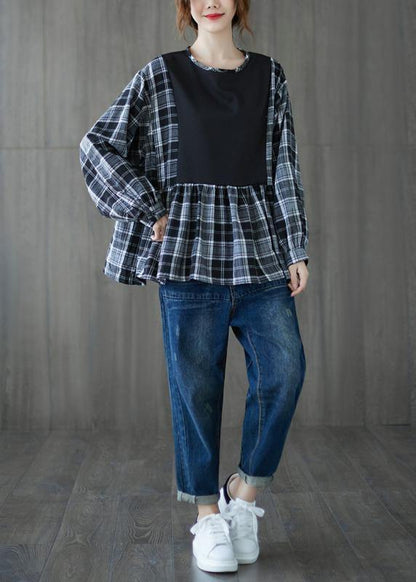 Simple black shirts women o neck patchwork cotton top