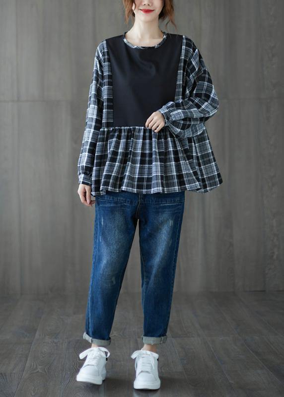 Simple Black Shirts O Neck Patchwork Cotton Top