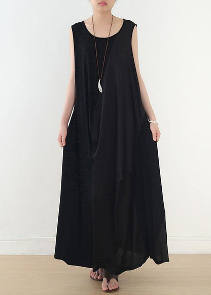 Simple Black Sleeveless Cotton Clothes for Patchwork Maxi Summer Dress
