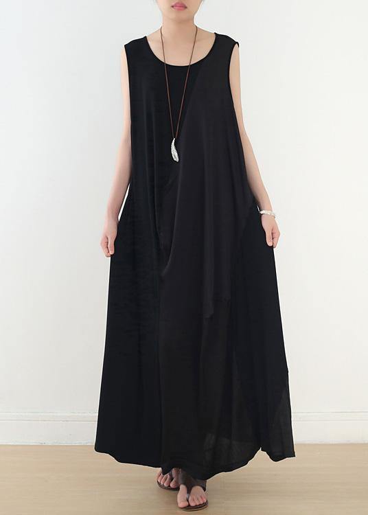 Simple Black Sleeveless Cotton Clothes for Patchwork Maxi Summer Dress
