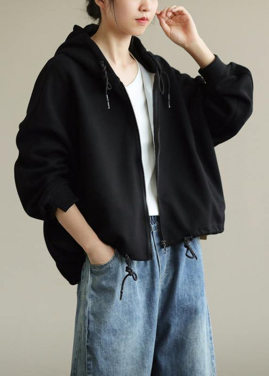 Simple Black Tunics for Hooded Zippered Cotton Tops