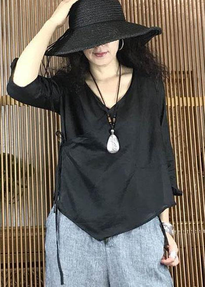 Simple Black V Neck Linen Shirts Asymmetric Hem Clothing Fall Shirts