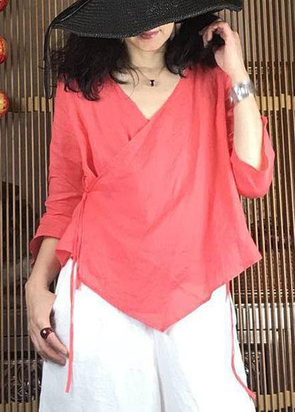 Simple Black V Neck Linen Shirts Asymmetric Hem Clothing Fall Shirts