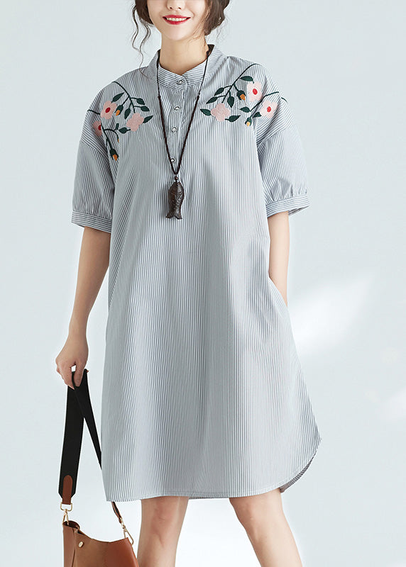 Simple Black White Striped Cotton Dresses Fine Sewing Stand Collar Tunic Summer Dress