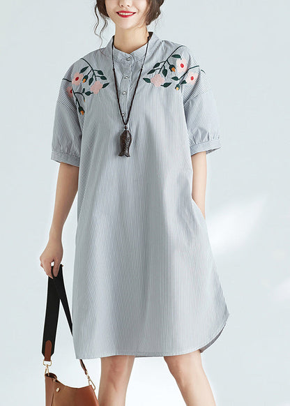 Simple Black White Striped Cotton Dresses Fine Sewing Stand Collar Tunic Summer Dress
