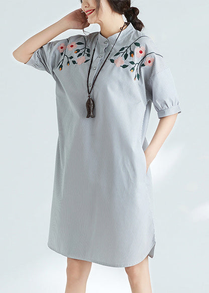 Simple Black White Striped Cotton Dresses Fine Sewing Stand Collar Tunic Summer Dress