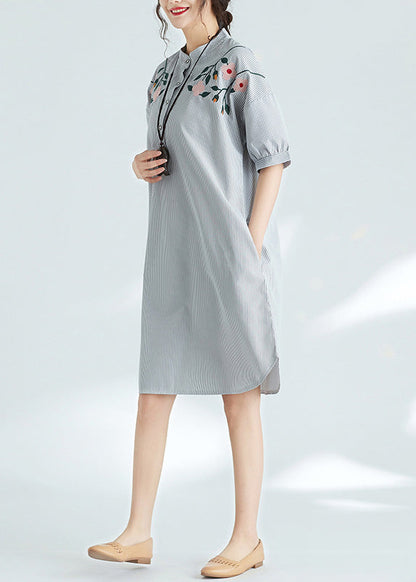 Simple Black White Striped Cotton Dresses Fine Sewing Stand Collar Tunic Summer Dress
