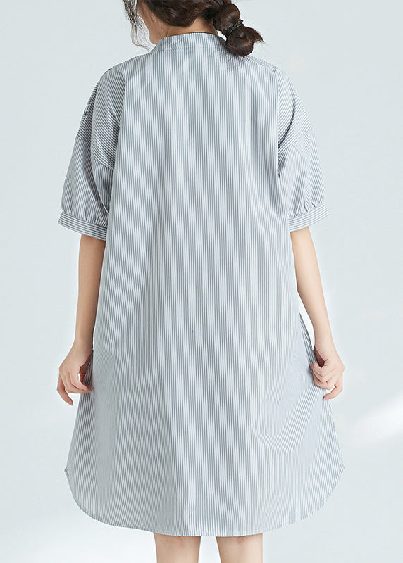 Simple Black White Striped Cotton Dresses Fine Sewing Stand Collar Tunic Summer Dress