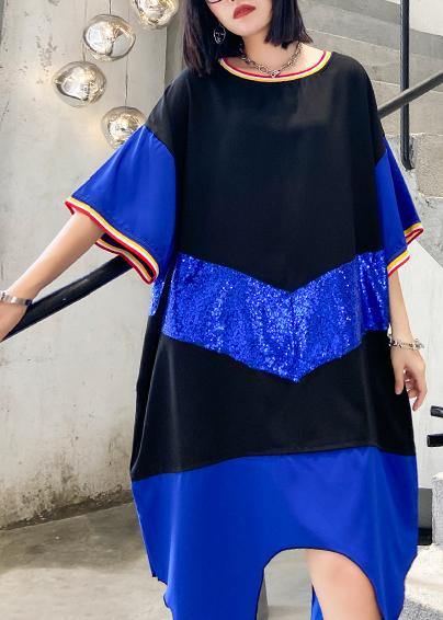 Simple Blue Cotton Dresses O Neck Sequined Art Summer Dresses