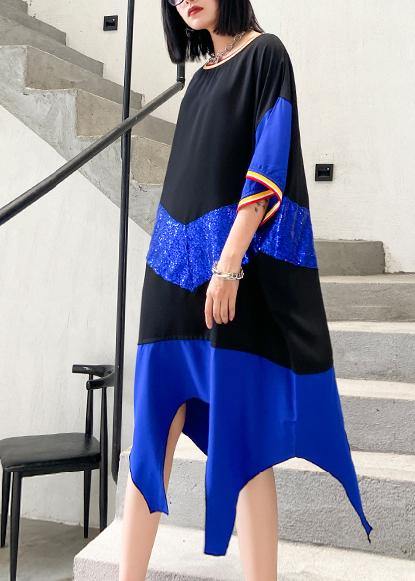 Simple Blue Cotton Dresses O Neck Sequined Art Summer Dresses