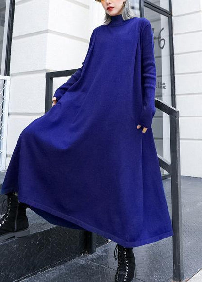 Simple Blue Sweater Dress Outfit Street Style High Neck Pockets Ugly Knit Dresses