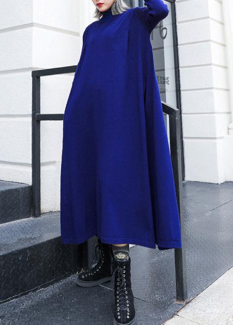 Simple Blue Sweater Dress Outfit Street Style High Neck Pockets Ugly Knit Dresses