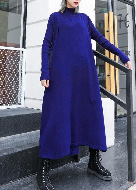 Simple Blue Sweater Dress Outfit Street Style High Neck Pockets Ugly Knit Dresses