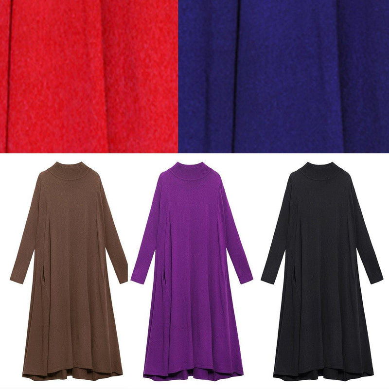 Simple Blue Sweater Dress Outfit Street Style High Neck Pockets Ugly Knit Dresses