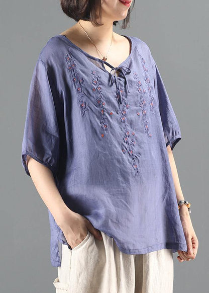 Simple Blue Embroidery Top Sewing O Neck Short Sleeve Shirts