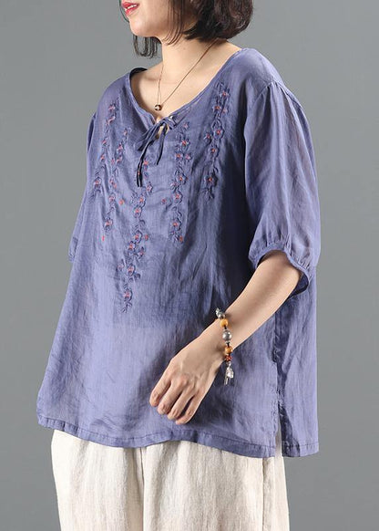 Simple Blue Embroidery Top Sewing O Neck Short Sleeve Shirts