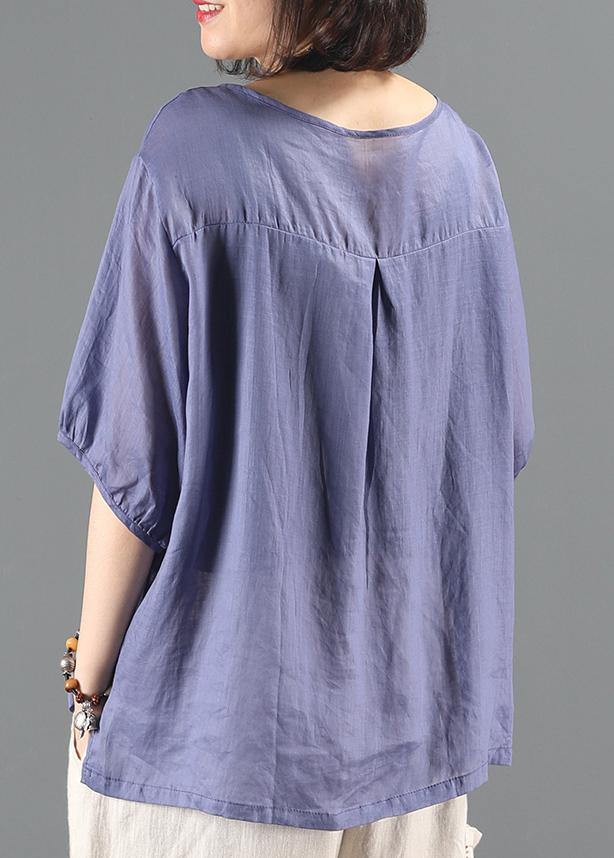 Simple Blue Embroidery Top Sewing O Neck Short Sleeve Shirts