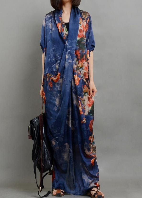 Simple Blue Print Chiffon Dress Long Fitted Ideas V Neck Asymmetric Linen Robes Summer Dresses