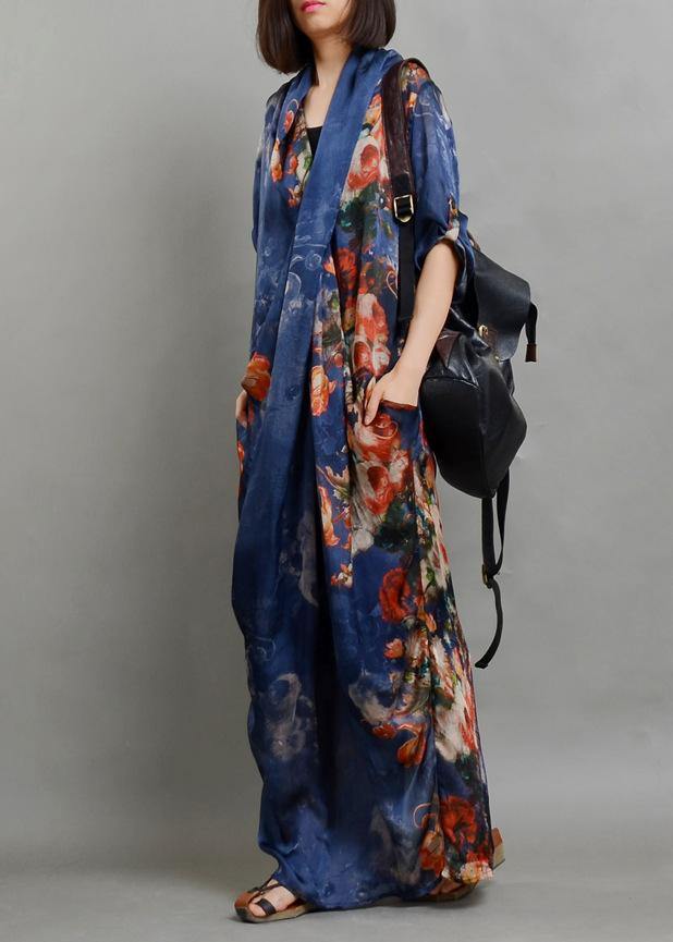 Simple Blue Print Chiffon Dress Long Fitted Ideas V Neck Asymmetric Linen Robes Summer Dresses