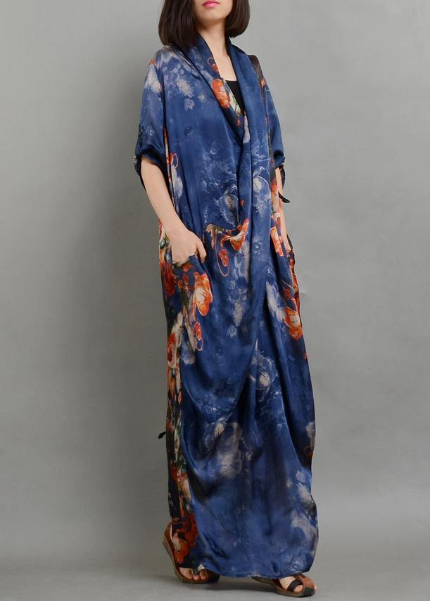 Simple Blue Print Chiffon Dress Long Fitted Ideas V Neck Asymmetric Linen Robes Summer Dresses