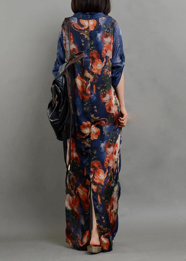 Simple Blue Print Chiffon Dress Long Fitted Ideas V Neck Asymmetric Linen Robes Summer Dresses