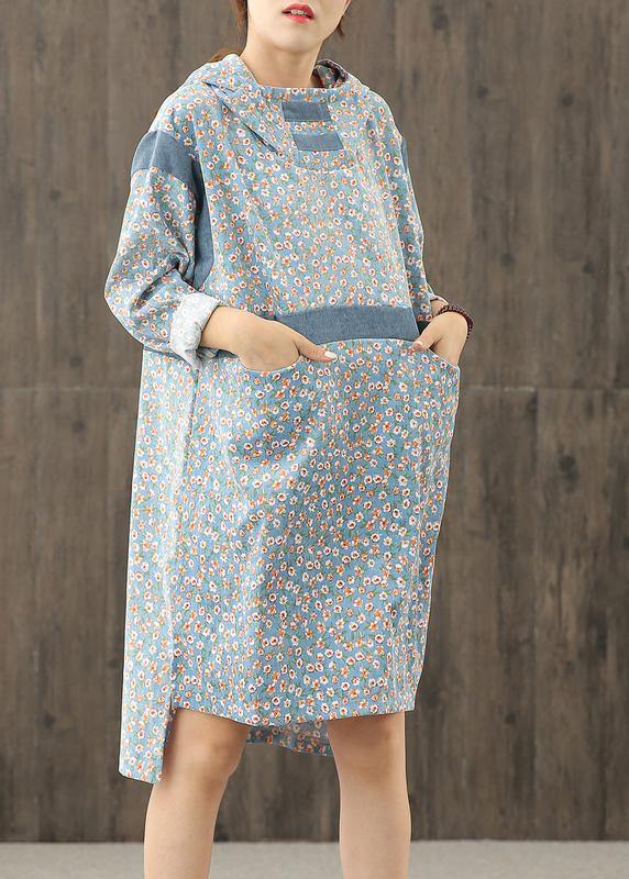Simple Blue Print Hooded Patchwork Shift Dresses