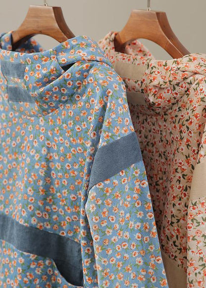 Simple Blue Print Hooded Patchwork Shift Dresses