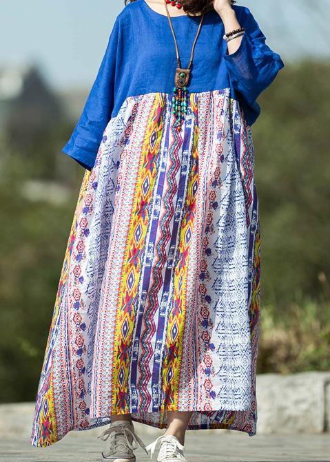 Simple Blue Print Linen Robes Patchwork O Neck Robe Summer Dress