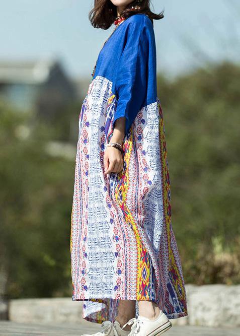 Simple Blue Print Linen Robes Patchwork O Neck Robe Summer Dress