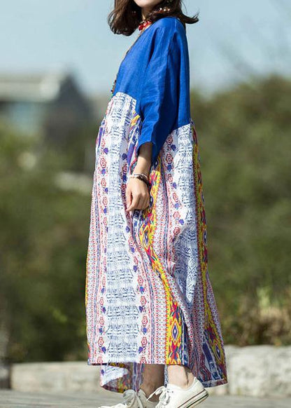 Simple Blue Print Linen Robes Patchwork O Neck Robe Summer Dress