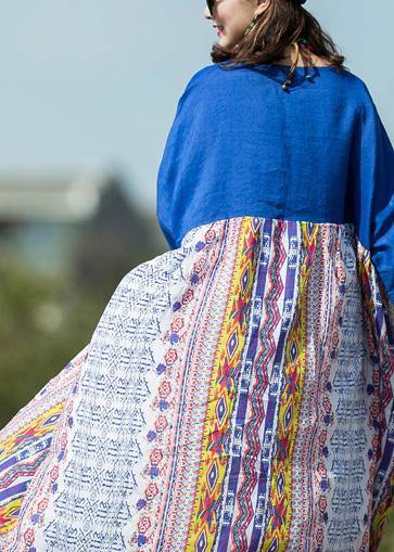 Simple Blue Print Linen Robes Patchwork O Neck Robe Summer Dress