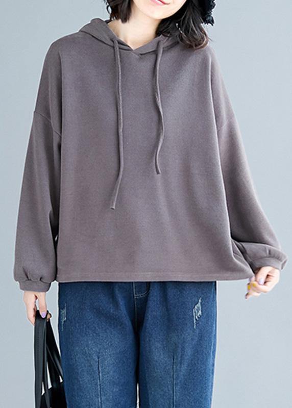 Simple Brown Cotton Tops Hooded Drawstring Clothing Fall Tops