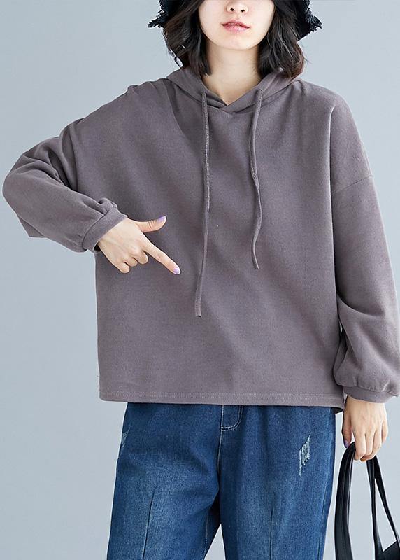 Simple brown cotton tops hooded drawstring Plus Size Clothing fall tops