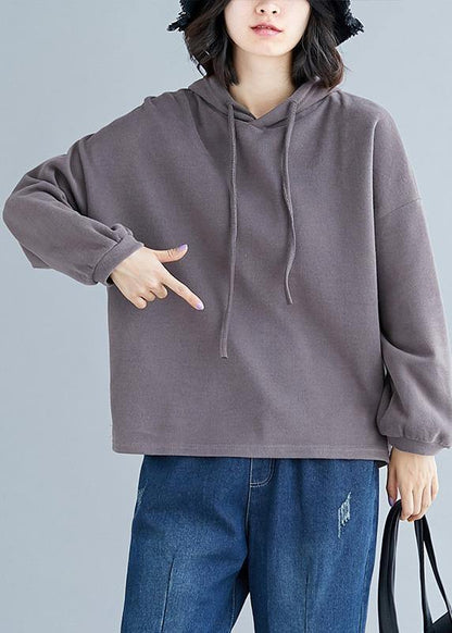 Simple brown cotton tops hooded drawstring Plus Size Clothing fall tops