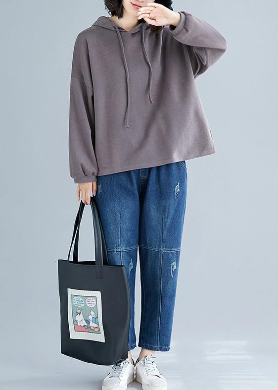 Simple brown cotton tops hooded drawstring Plus Size Clothing fall tops