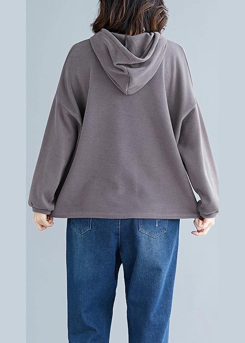Simple brown cotton tops hooded drawstring Plus Size Clothing fall tops