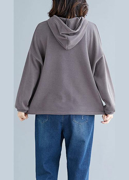 Simple brown cotton tops hooded drawstring Plus Size Clothing fall tops
