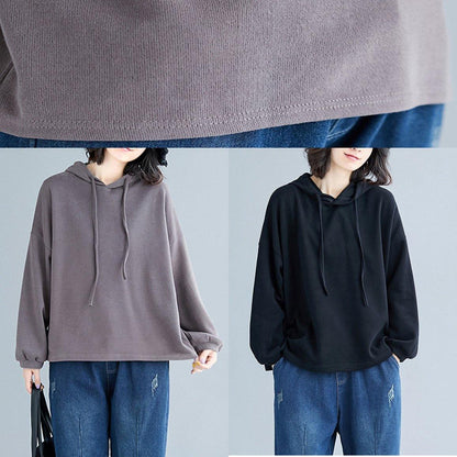 Simple brown cotton tops hooded drawstring Plus Size Clothing fall tops