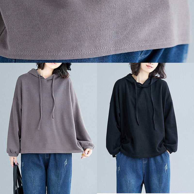 Simple Brown Cotton Tops Hooded Drawstring Clothing Fall Tops