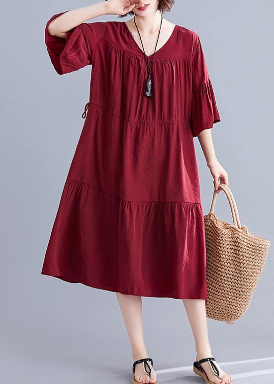 Simple Burgundy Cotton Clothes V Neck Drawstring Summer Dresses