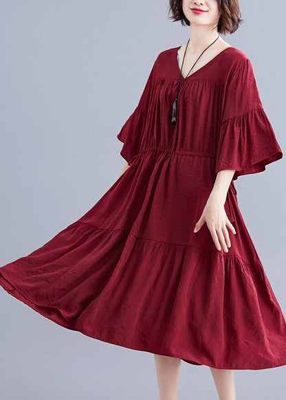 Simple Burgundy Cotton Clothes V Neck Drawstring Summer Dresses