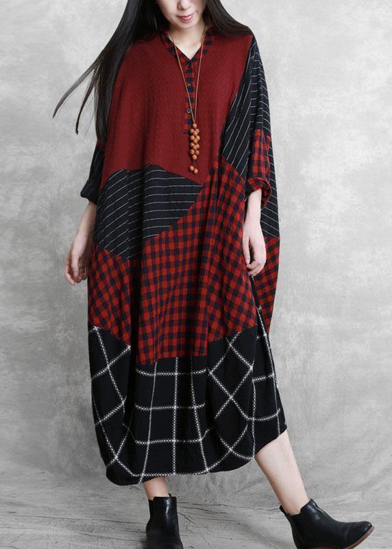 Simple Burgundy Plaid Clothes V Neck Patchwork Maxi Dress