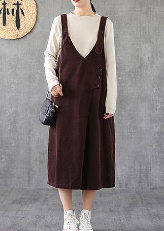 Simple Chocolate Cotton Tunics Spaghetti Strap Pockets Kaftan Dresses