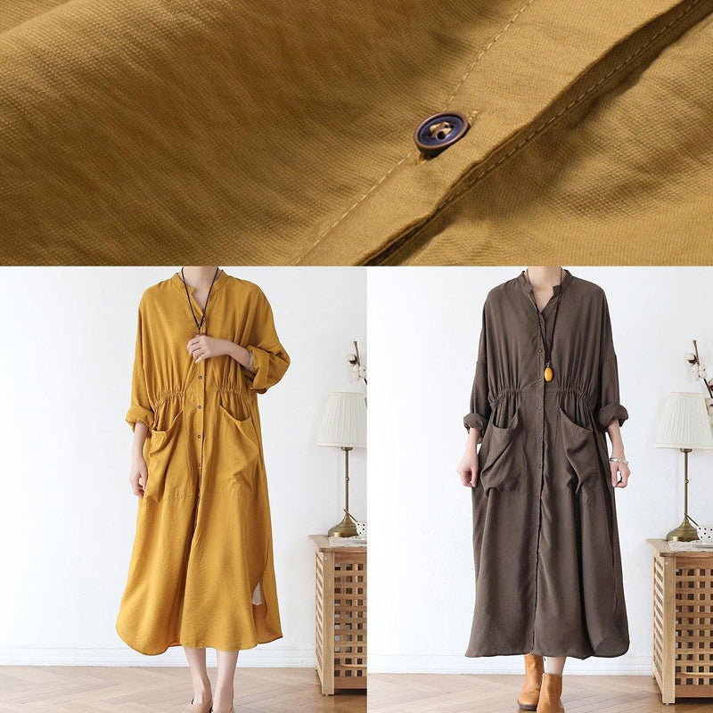 Simple Chocolate Cotton Quilting Dresses V Neck Pockets Traveling Spring Dresses