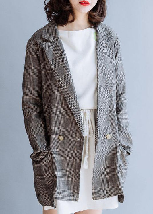 Simple Chocolate Plaid Cotton Shirts Notched Double Breast Midi Fall Top