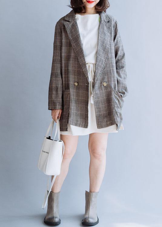 Simple Chocolate Plaid Cotton Shirts Notched Double Breast Midi Fall Top