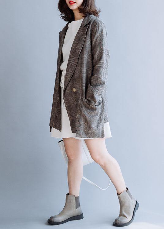 Simple Chocolate Plaid Cotton Shirts Notched Double Breast Midi Fall Top