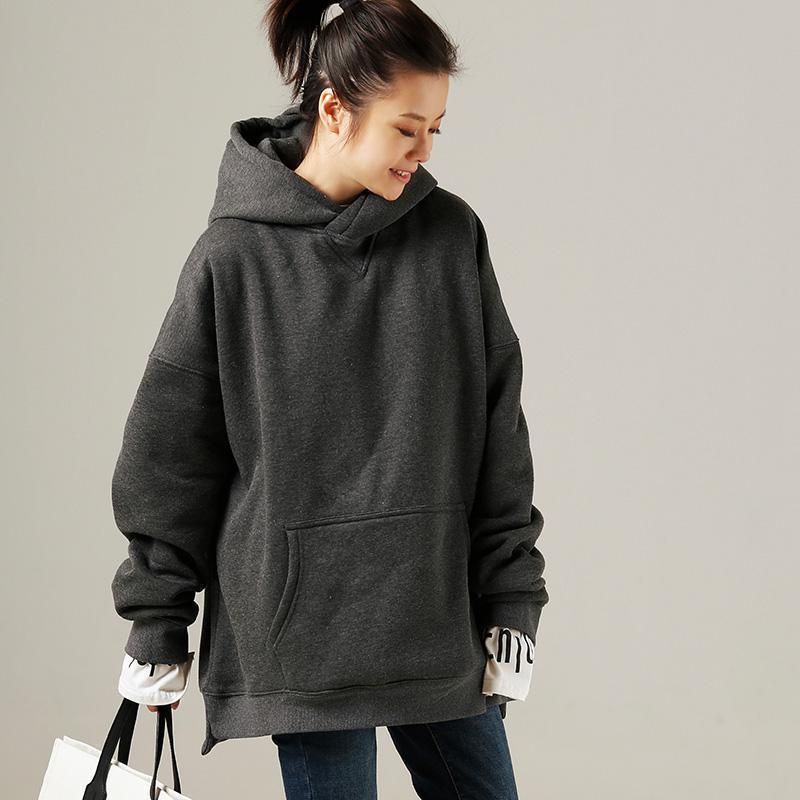 Simple Cotton Blouse Stylish Big Pockets Outfits Gray Silhouette Top Hooded